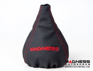 FIAT 500 Gear Shift Boot - Black Italy - Black Leather w/ Red Stitching + MADNESS Logo